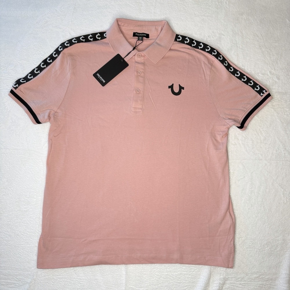 True Religion Pink Logo Tape Polo Shirt Mens Medium NWT Streetwear Y2K Skater
